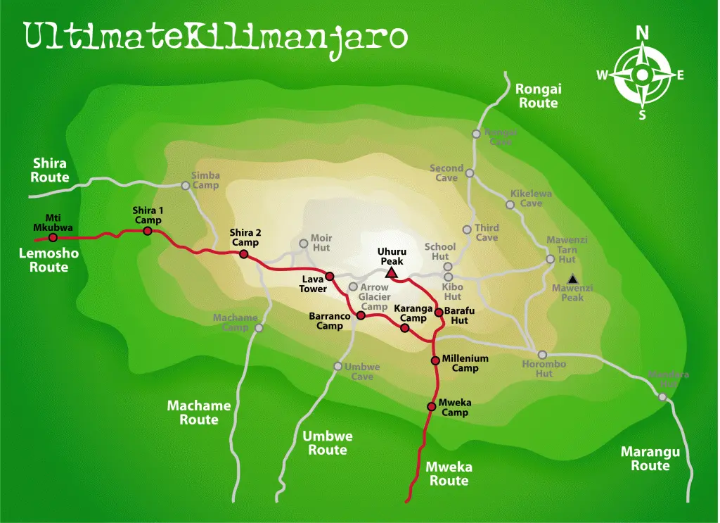 Ultimate Kilimanjaro's map of Lemosho/Mweka